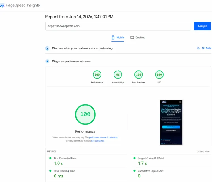 Actual unedited Google PageSpeed Insights screenshot for SWP Astro showing perfect 100 metrics