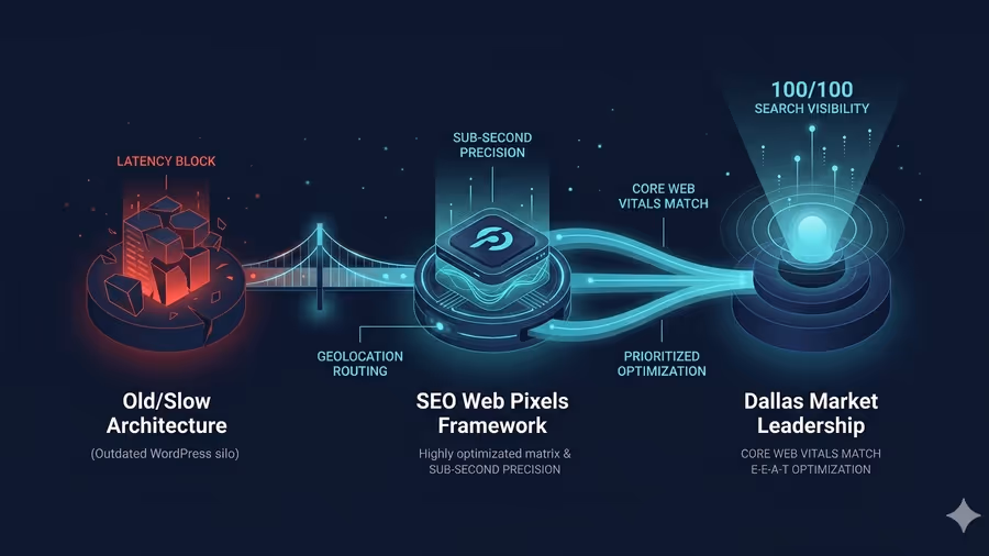 Infographic visualization showing technical data transitioning from an outdated slow framework to an optimized, fast SEO Web Pixels structure targeting the surrounding local search market.