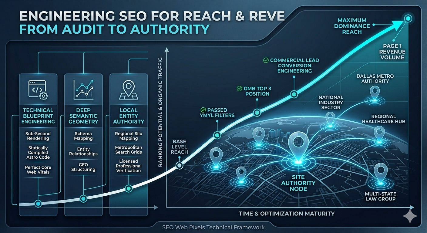 SEO Web Pixels Technical SEO Reach and Authority Architecture Diagram